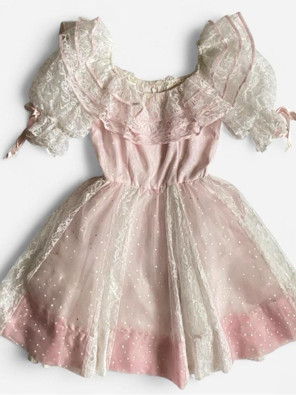 Vintage pink & white ruffle lace heart print mini dress